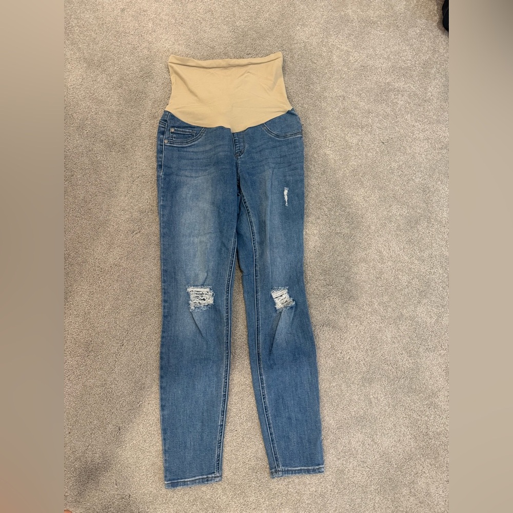 Indigo Blue High Rise Maternity Jeans with Distressed Details